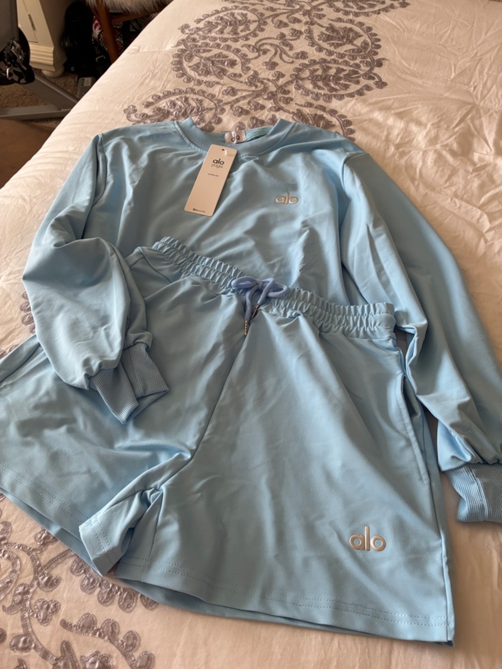 ALO Yoga Light Blue Long-Sleeve Top & Elastic Waist Shorts Set